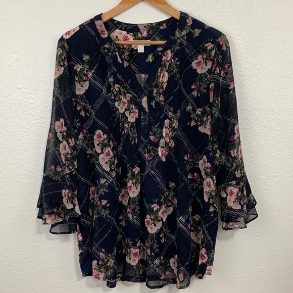 Charter Club Boho Navy Floral Plaid Lined Sheer Blouse Size L - Picture 1 of 6